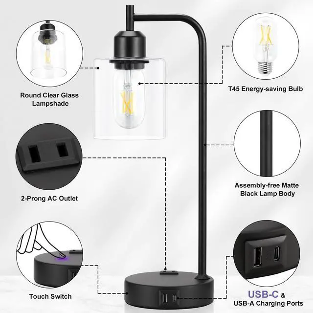 Alt view image 7 of 7 - Industrial Touch Table Lamps for Bedrooms Set of 2 - 3-Way Dimmable Nightstand Lamps with USB C+A Ports and Outlet, Black Bedside Lamps with Glass Shade for Living Room, Desk Lamps for Home Office