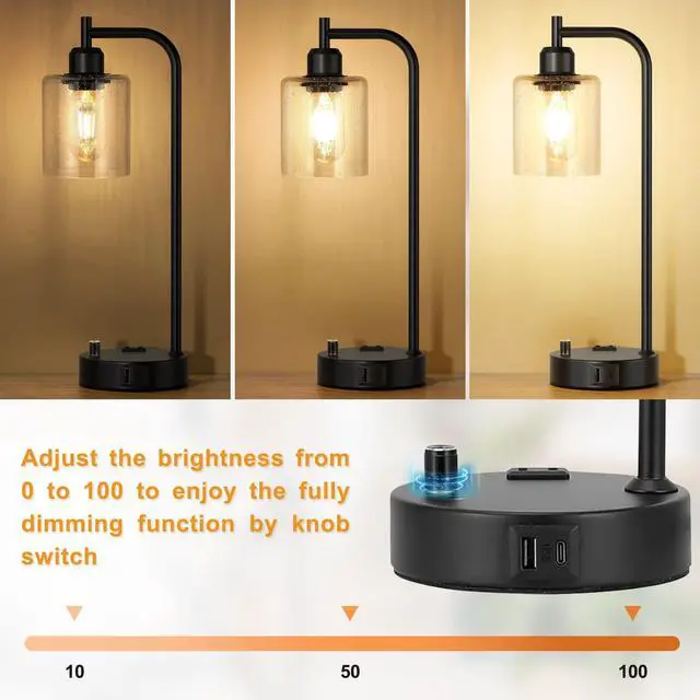 Alt view image 3 of 7 - Industrial Table Lamps for Bedrooms Set of 2 - Fully Dimmable Bedside Lamps with USB A and C Ports and Outlet, Black Nightstand Lamps with Glass Shade for Living Room, Desk Lamps for Office Reading