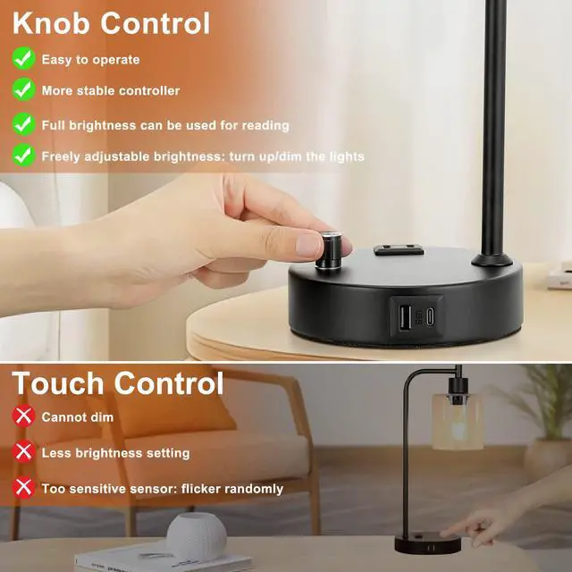 Alt view image 4 of 7 - Industrial Table Lamps for Bedrooms Set of 2 - Fully Dimmable Bedside Lamps with USB A and C Ports and Outlet, Black Nightstand Lamps with Glass Shade for Living Room, Desk Lamps for Office Reading