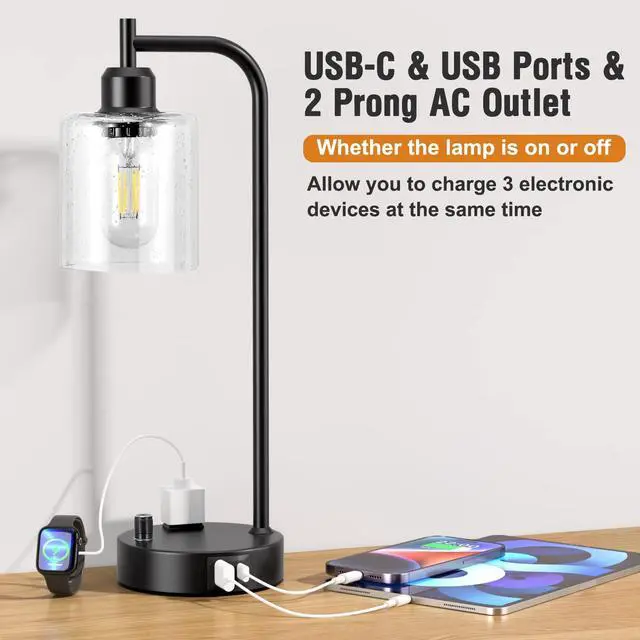 Alt view image 5 of 7 - Industrial Table Lamps for Bedrooms Set of 2 - Fully Dimmable Bedside Lamps with USB A and C Ports and Outlet, Black Nightstand Lamps with Glass Shade for Living Room, Desk Lamps for Office Reading