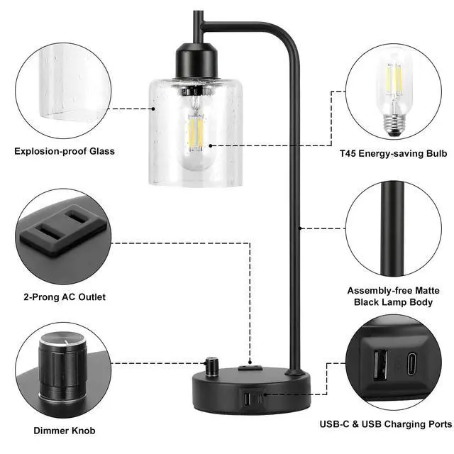 Alt view image 7 of 7 - Industrial Table Lamps for Bedrooms Set of 2 - Fully Dimmable Bedside Lamps with USB A and C Ports and Outlet, Black Nightstand Lamps with Glass Shade for Living Room, Desk Lamps for Office Reading