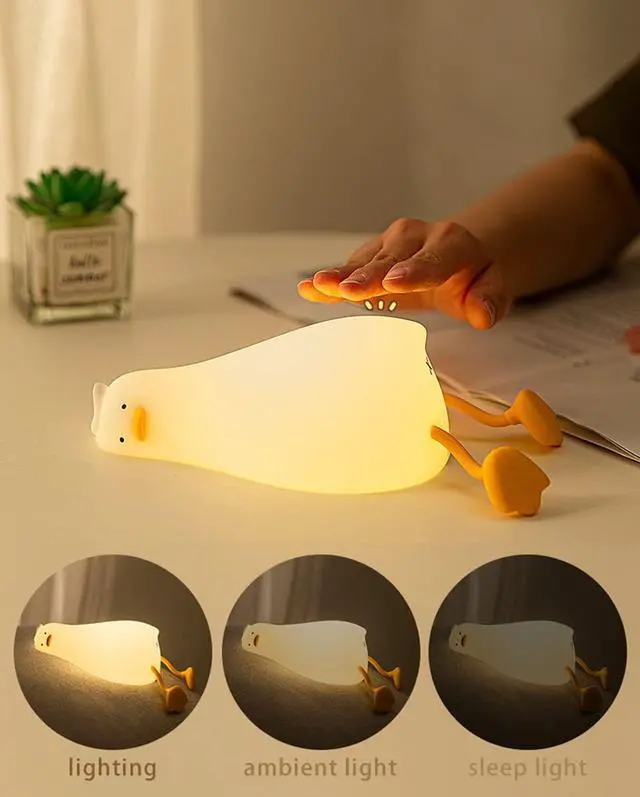 Alt view image 2 of 6 - LED Lying Flat Duck Night Light, 3 Level Dimmable Nursery Nightlight,Cute Lamps Silicone Squishy Light Up Duck,Rechargeable Bedside Touch Lamp for Breastfeeding Toddler Baby Kids Decor