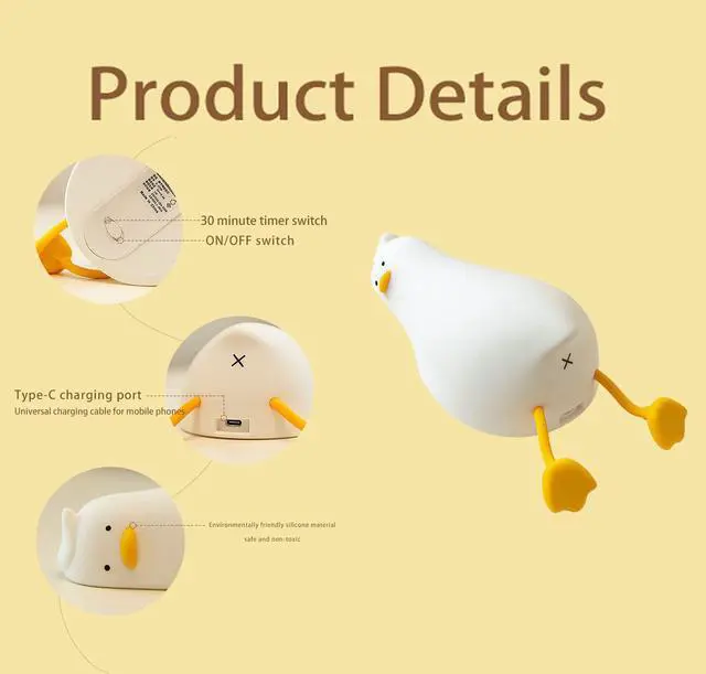 Alt view image 6 of 6 - LED Lying Flat Duck Night Light, 3 Level Dimmable Nursery Nightlight,Cute Lamps Silicone Squishy Light Up Duck,Rechargeable Bedside Touch Lamp for Breastfeeding Toddler Baby Kids Decor