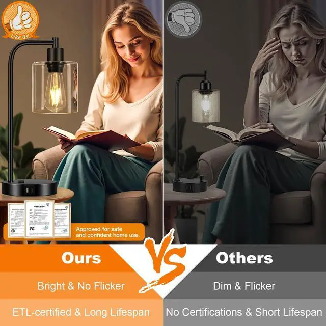 Alt view image 5 of 7 - Set of 2 Industrial Touch Control Table Lamps with USB C+A Ports and AC Outlet - 3-Way Dimmable Black Bedside Lamps Nightstand Desk Lamps for Bedroom Living Room, Glass Shade & 2 LED Bulbs Included