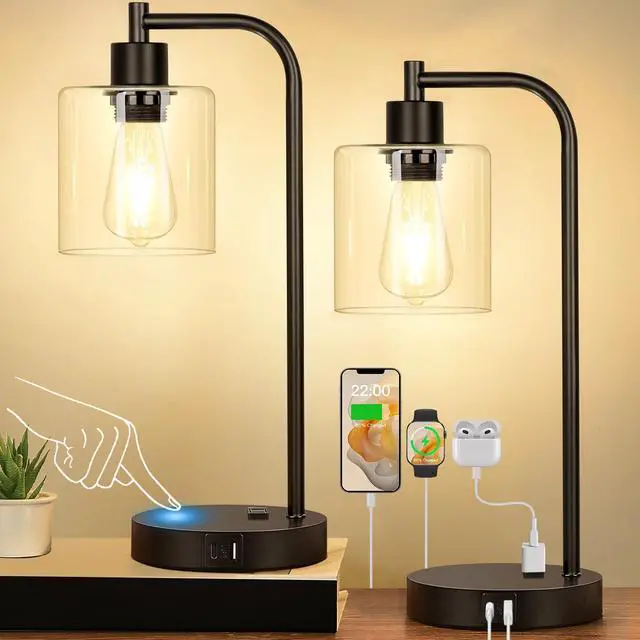 Main image of Set of 2 Industrial Touch Control Table Lamps with USB C+A Ports and AC Outlet - 3-Way Dimmable Black Bedside Lamps Nightstand Desk Lamps for Bedroom Living Room, Glass Shade & 2 LED Bulbs Included