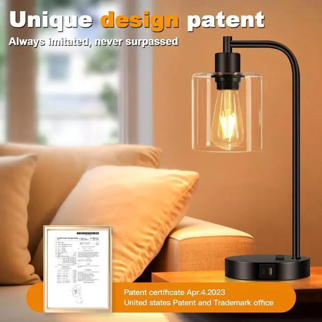 Alt view image 6 of 7 - Set of 2 Industrial Touch Control Table Lamps with USB C+A Ports and AC Outlet - 3-Way Dimmable Black Bedside Lamps Nightstand Desk Lamps for Bedroom Living Room, Glass Shade & 2 LED Bulbs Included