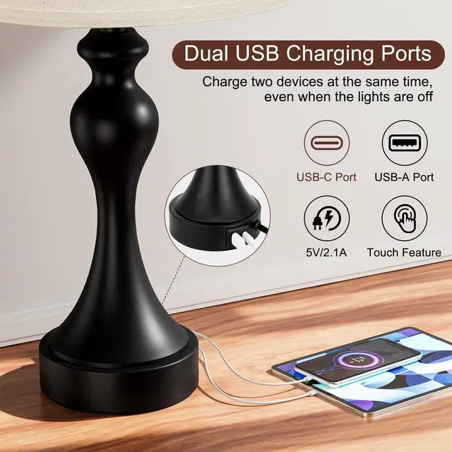 Alt view image 3 of 7 - Touch Lamps for Nightstand - Bedside Lamps Set of 2, 3 Way Dimmable, USB C+A for Bedroom & End Tables (LED Bulbs Included)