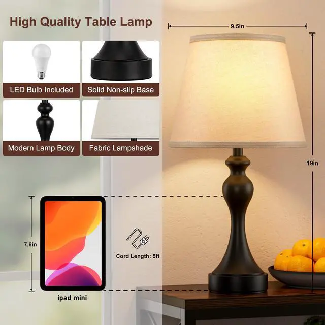 Alt view image 7 of 7 - Touch Lamps for Nightstand - Bedside Lamps Set of 2, 3 Way Dimmable, USB C+A for Bedroom & End Tables (LED Bulbs Included)