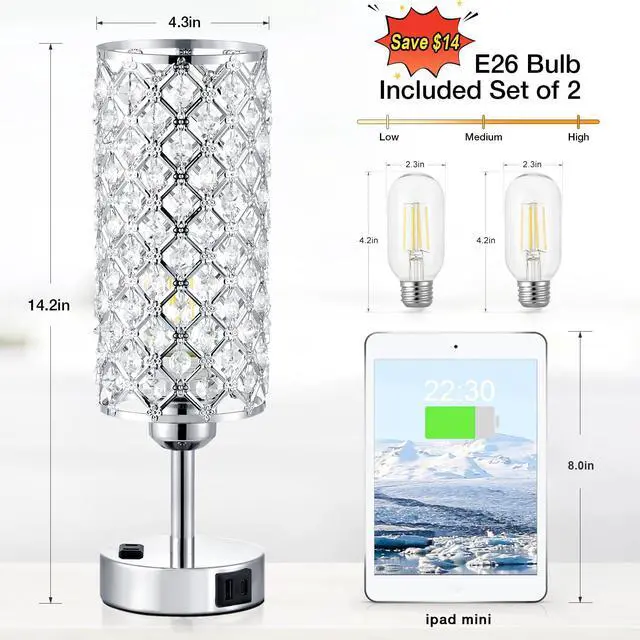 Alt view image 4 of 7 - Crystal Lamp Touch Control Set of 2, Sliver Crystal Table Lamps with USB C+A Ports & AC Outlet, 3-Way Dimmable Nightstand Touch Lamp, Modern Bedside Table Lamp for Bedroom(Bulbs Included)
