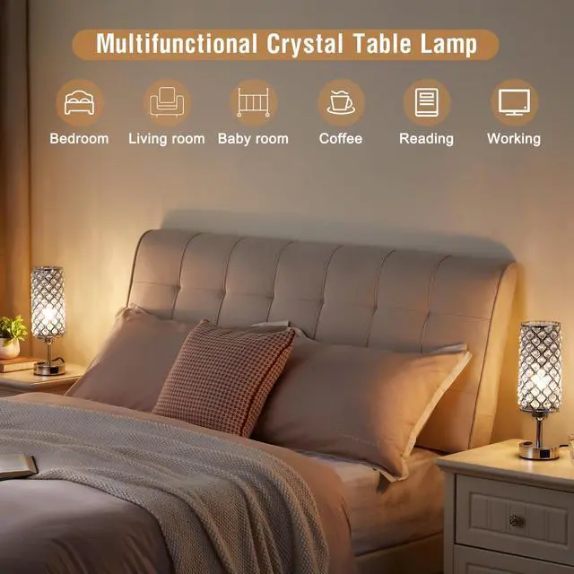 Alt view image 7 of 7 - Crystal Lamp Touch Control Set of 2, Sliver Crystal Table Lamps with USB C+A Ports & AC Outlet, 3-Way Dimmable Nightstand Touch Lamp, Modern Bedside Table Lamp for Bedroom(Bulbs Included)