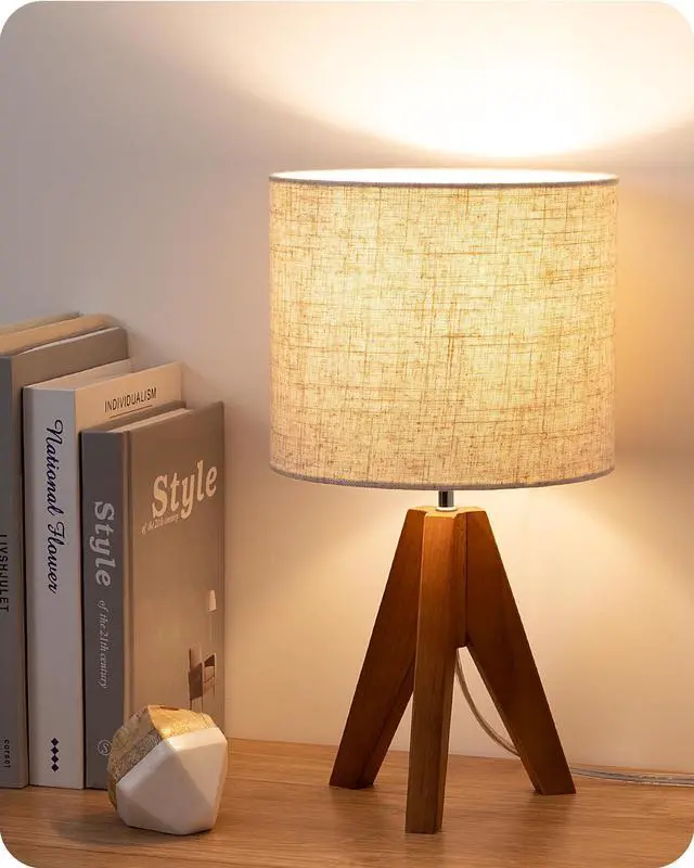 Main image of Tripod Table Lamp, Small Cute Bedside Lamp with Linen Beige Lampshade, Nightstand Lamp for Nursery, Bedroom, Kid Room, Living Room, Light Brown Wooden Base, E26 Socket, 14.2 Inch