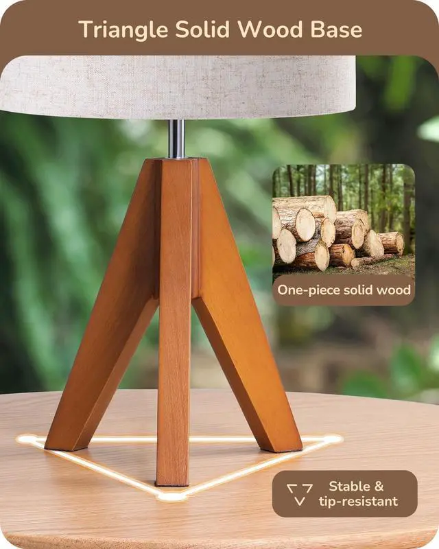 Alt view image 2 of 7 - Tripod Table Lamp, Small Cute Bedside Lamp with Linen Beige Lampshade, Nightstand Lamp for Nursery, Bedroom, Kid Room, Living Room, Light Brown Wooden Base, E26 Socket, 14.2 Inch