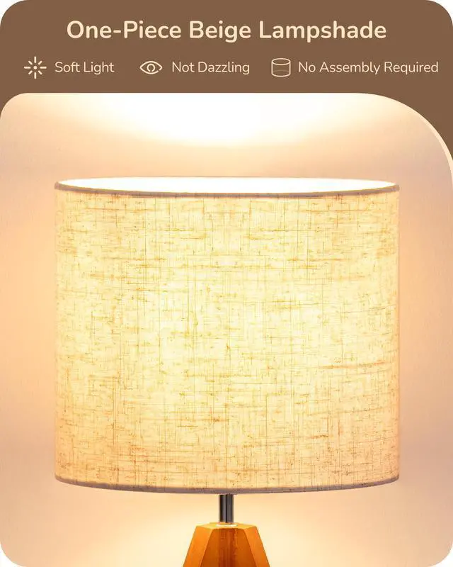 Alt view image 3 of 7 - Tripod Table Lamp, Small Cute Bedside Lamp with Linen Beige Lampshade, Nightstand Lamp for Nursery, Bedroom, Kid Room, Living Room, Light Brown Wooden Base, E26 Socket, 14.2 Inch