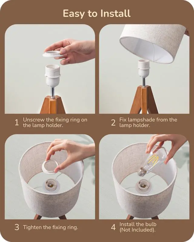 Alt view image 4 of 7 - Tripod Table Lamp, Small Cute Bedside Lamp with Linen Beige Lampshade, Nightstand Lamp for Nursery, Bedroom, Kid Room, Living Room, Light Brown Wooden Base, E26 Socket, 14.2 Inch