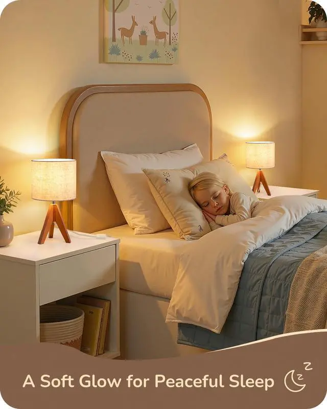 Alt view image 6 of 7 - Tripod Table Lamp, Small Cute Bedside Lamp with Linen Beige Lampshade, Nightstand Lamp for Nursery, Bedroom, Kid Room, Living Room, Light Brown Wooden Base, E26 Socket, 14.2 Inch