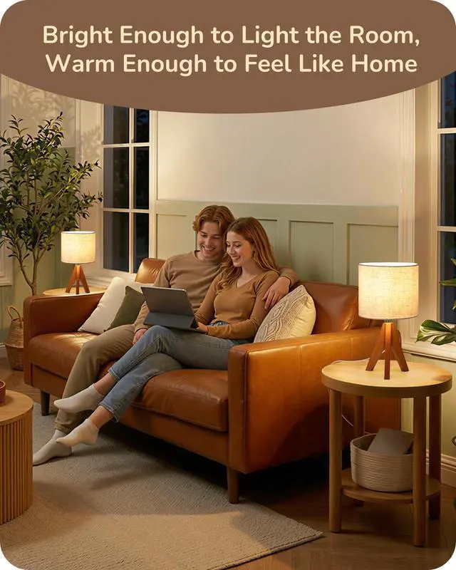 Alt view image 7 of 7 - Tripod Table Lamp, Small Cute Bedside Lamp with Linen Beige Lampshade, Nightstand Lamp for Nursery, Bedroom, Kid Room, Living Room, Light Brown Wooden Base, E26 Socket, 14.2 Inch