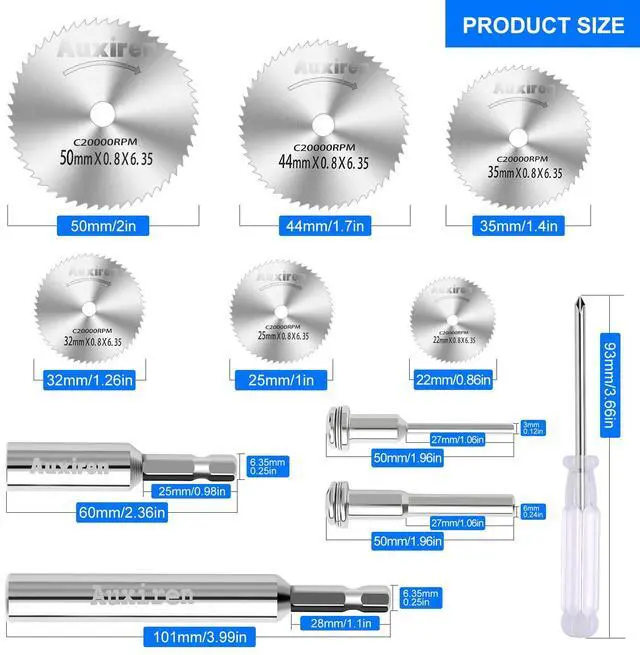 Alt view image 2 of 7 - 11 PCS Rotary Drill Saw Blades: 6 PCS Mini Circular Saw Blades with 2 PCS 1/4" Hex Shank, 1/8" & 1/4" Round Shanks+ Screwdriver, HSS Small Cutting Discs for Drills Rotary Tools, Inside PVC Pipe Cutter