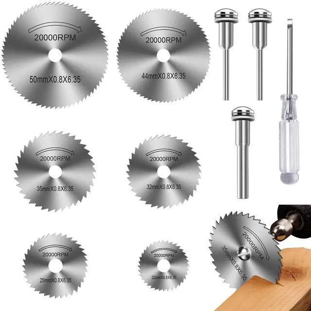Main image of Drill Saw Blades for Dremel Rotary Tool 6Pcs HSS Saw Disc Wheel Cutting Blades with 2Pcs 1/8" Round Shank,1Pcs 1/4" Round Shank for Wood Plastic Aluminum Cutting(One Screwdriver)