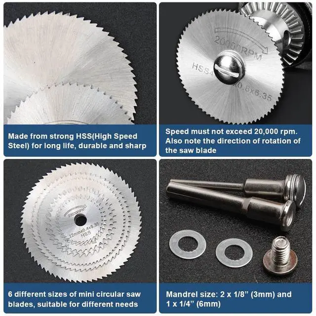 Alt view image 3 of 6 - Drill Saw Blades for Dremel Rotary Tool 6Pcs HSS Saw Disc Wheel Cutting Blades with 2Pcs 1/8" Round Shank,1Pcs 1/4" Round Shank for Wood Plastic Aluminum Cutting(One Screwdriver)