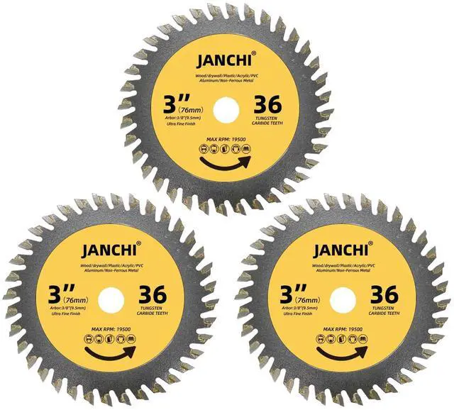 Main image of 3PACK 3-Inch(75mm) 36T TCT Circular Saw Blade with 3/8-Inch(9.5mm) Arbor, Fast Clean Wood Plastic Cutting Cut-Off Wheel Compatible with Bosch Ridgid Ryobi Milwaukee Dewalt Worx Cut-Off Saw
