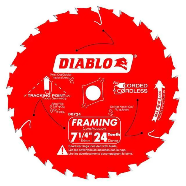 Alt view image 2 of 4 - Framing Saw Blade for Wood - 7-1/4" x 24-Tooth, Thin Kerf, Anti-Vibration, Long Life for Framing & Pressure-Treated Wood, Tracking Point Tooth Design - Pack of 10 - D0724A