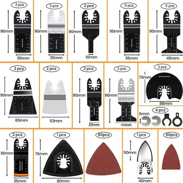 Alt view image 4 of 7 - 158 Pack Oscillating Saw Blades, Oscillating Tool Blades with Sandpaper, Multitool Bi-Metal Blades Kits for Wood Metal Plastics Quick Release Fit Dewalt Ryobi Rockwell Makita