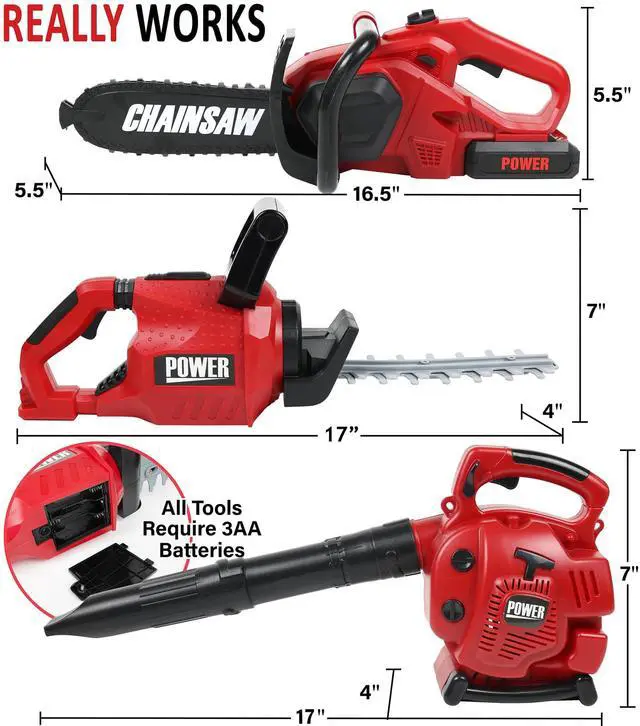 Alt view image 2 of 5 - Power Garden Tools Set for Kids Battery Operated Toy Leaf Blower, Hedge Trimmer and Chainsaw Pretend Play for Boys Girls