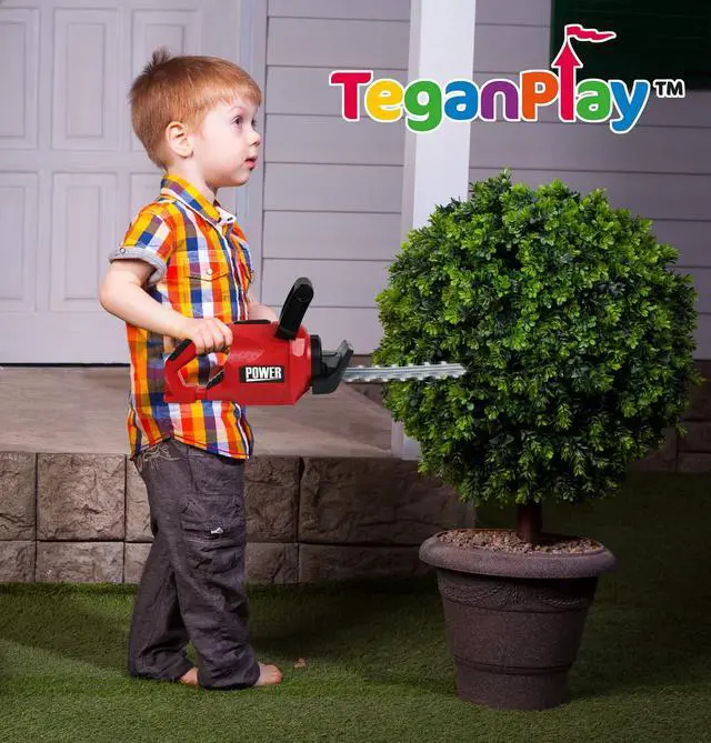 Alt view image 4 of 5 - Power Garden Tools Set for Kids Battery Operated Toy Leaf Blower, Hedge Trimmer and Chainsaw Pretend Play for Boys Girls