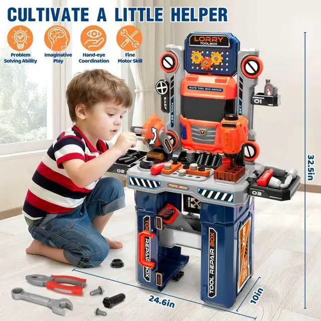 Alt view image 2 of 7 - Kids Tool Bench with Electric Drill and Power Miter Saw, Construction Workbench Toys for Boys Age 3 4 5 6 7 8, Toddler Realistic Tools Table Playset, Tool Box Set, Christmas Birthday Gift for Kids 3-5