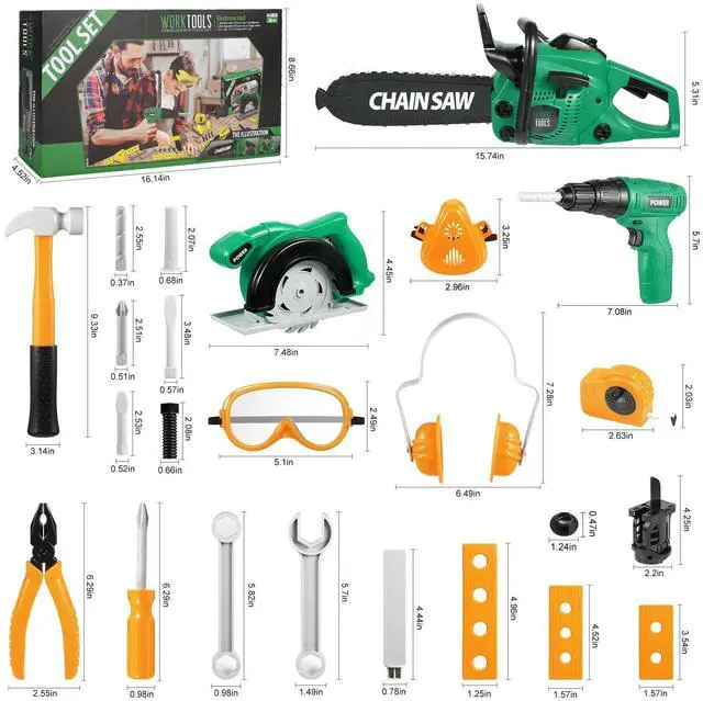Alt view image 5 of 6 - Kids Tool Set 36 PCS with Electric Toy Chainsaw Drill Circular Saw with Realistic Sounds, Toy Tool Set for Toddlers 3 4 5 6 7 8, Pretend Play Kids Power Tools Kit Gift for Boys Girls