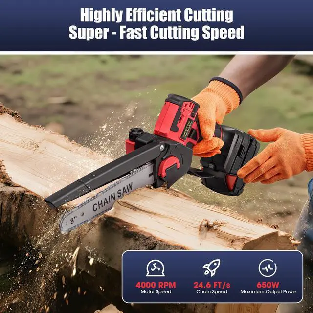 Alt view image 5 of 7 - Mini Chainsaw for Milwaukee 18V Battery, Auto-Oiler, 8-Inch Brushless Cordless Pruning Chainsaw, 4000RPM for Wood Cutting, Tree Trimming (Battery Not Included) (Red)