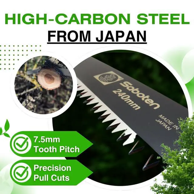 Alt view image 3 of 7 - Saboten Japanese Pruning Saw 9.4 in (240mm) Fluorine-Coated High-Carbon Steel Blade, 7.5mm Tooth Pitch, Smooth Pull Cuts, Wooden Handle, Wood Sheath Included, Made in Japan