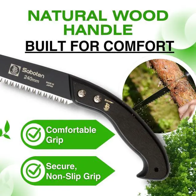 Alt view image 5 of 7 - Saboten Japanese Pruning Saw 9.4 in (240mm) Fluorine-Coated High-Carbon Steel Blade, 7.5mm Tooth Pitch, Smooth Pull Cuts, Wooden Handle, Wood Sheath Included, Made in Japan