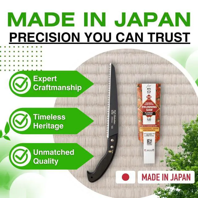 Alt view image 7 of 7 - Saboten Japanese Pruning Saw 9.4 in (240mm) Fluorine-Coated High-Carbon Steel Blade, 7.5mm Tooth Pitch, Smooth Pull Cuts, Wooden Handle, Wood Sheath Included, Made in Japan