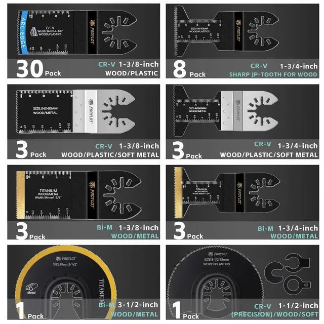 Alt view image 6 of 7 - 50PCS Oscillating Multi-Tool Blades Kit, Titanium Bi-Metal Saw Blades - Ti/Arc/Japanese/Circle Teeth for Metal/Nail/Wood/OSB/Drywall -Universal Fit Dewalt Ryobi Worx Makita Oscillating Tools