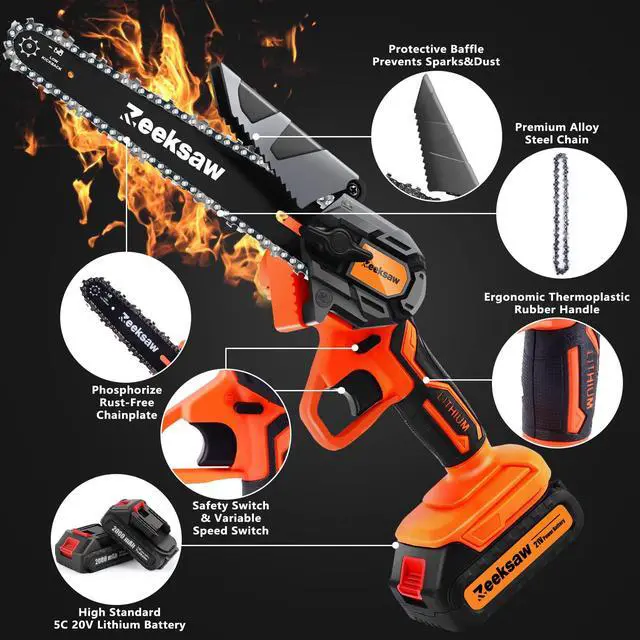 Alt view image 6 of 7 - Mini Chainsaw 6 Inch Cordless, Super Handheld Chainsaw with 2x Big Batteries, Electric Mini Chain saw Battery Powered, Small Hand saws for Tree Wood - Garden Yard Time Saving Tool