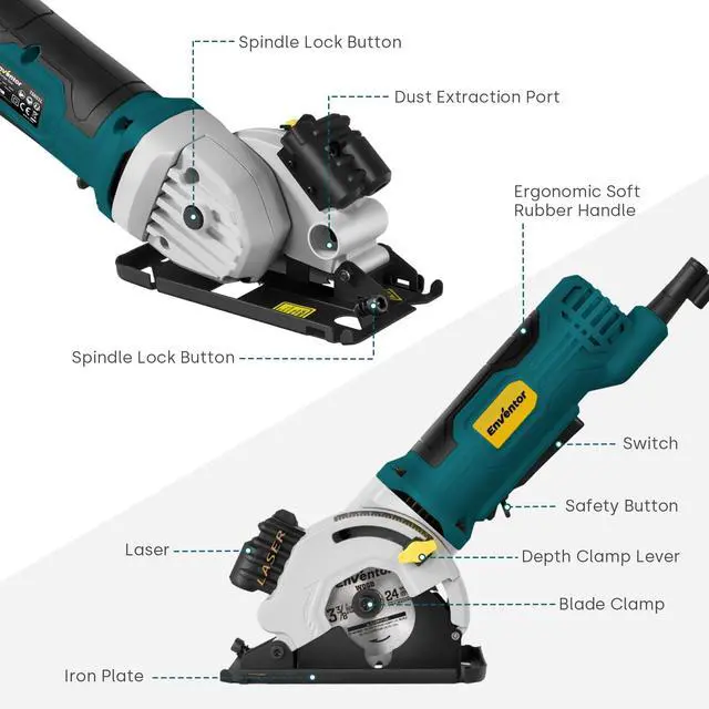 Alt view image 2 of 7 - Mini Circular Saw, 4.8A Electric Circular Saws Corded with Laser Guide, 4000RPM, 3 Saw Blades 3-3/8" Max Cutting Depth 1-1/16", Compact, Power for Wood, Soft Metal, Tile, Plastic