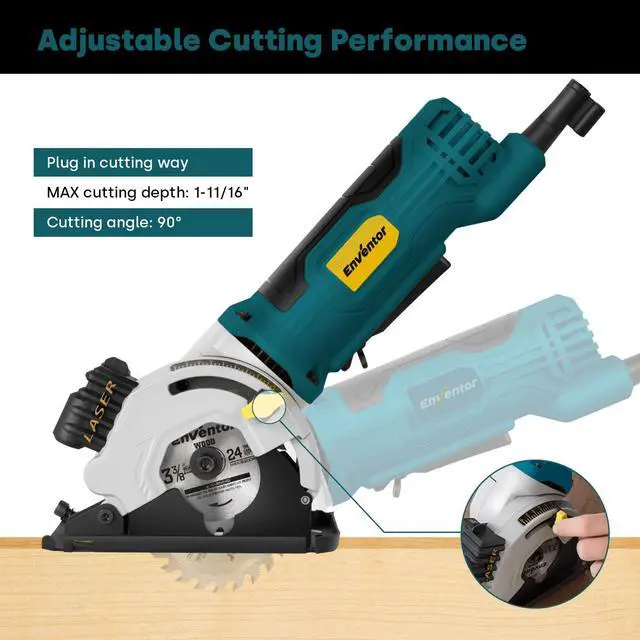 Alt view image 3 of 7 - Mini Circular Saw, 4.8A Electric Circular Saws Corded with Laser Guide, 4000RPM, 3 Saw Blades 3-3/8" Max Cutting Depth 1-1/16", Compact, Power for Wood, Soft Metal, Tile, Plastic