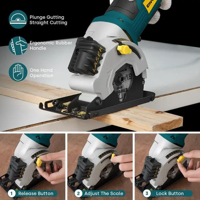 Alt view image 4 of 7 - Mini Circular Saw, 4.8A Electric Circular Saws Corded with Laser Guide, 4000RPM, 3 Saw Blades 3-3/8" Max Cutting Depth 1-1/16", Compact, Power for Wood, Soft Metal, Tile, Plastic