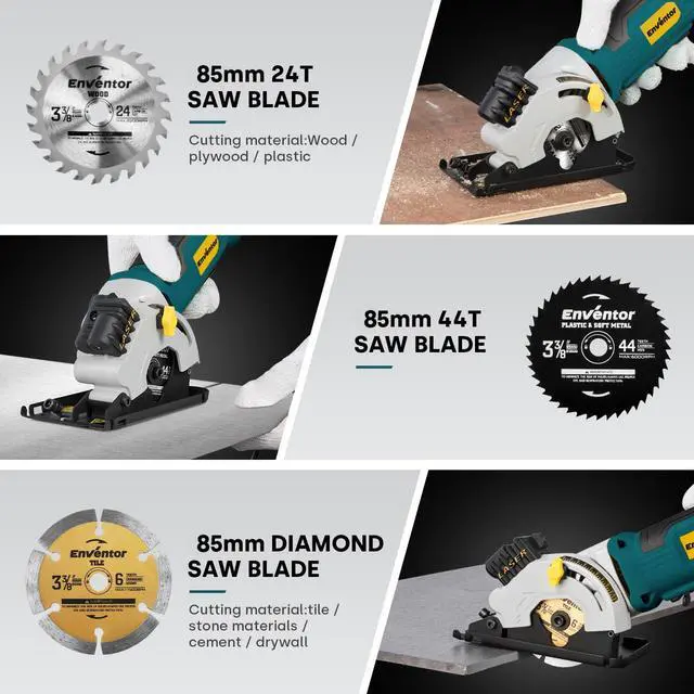 Alt view image 5 of 7 - Mini Circular Saw, 4.8A Electric Circular Saws Corded with Laser Guide, 4000RPM, 3 Saw Blades 3-3/8" Max Cutting Depth 1-1/16", Compact, Power for Wood, Soft Metal, Tile, Plastic