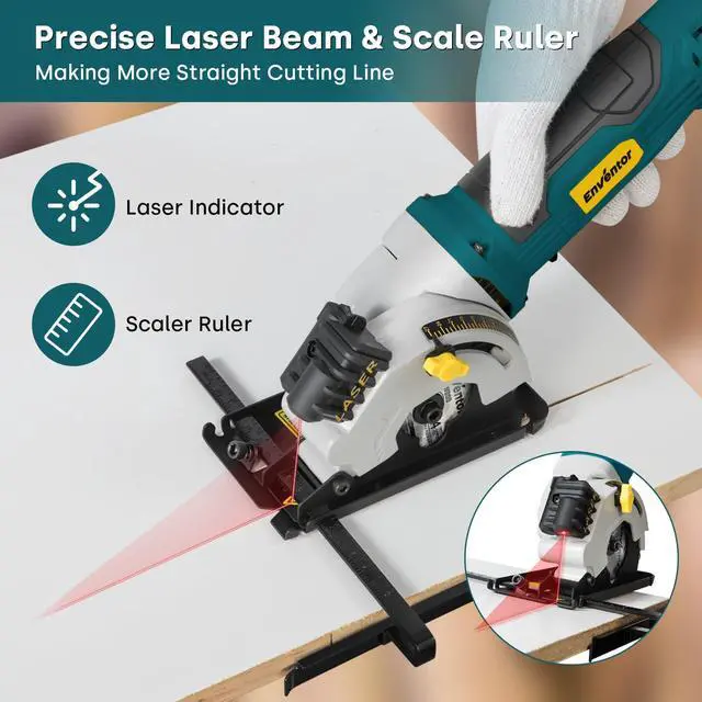 Alt view image 6 of 7 - Mini Circular Saw, 4.8A Electric Circular Saws Corded with Laser Guide, 4000RPM, 3 Saw Blades 3-3/8" Max Cutting Depth 1-1/16", Compact, Power for Wood, Soft Metal, Tile, Plastic