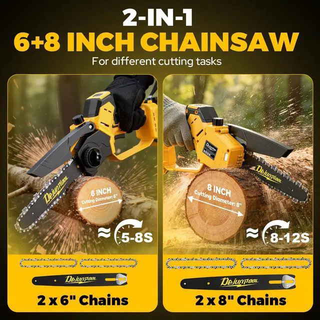 Alt view image 6 of 7 - Cordless Mini Chainsaw Compatible with Dewalt 20V MAX Battery (NO Battery), 6 Inch & 8 Inch Small Electric Chainsaw Brushless, 2x 6'' + 2x 8'' Chains, Auto Oiler, Handheld Pruning Tree Saw