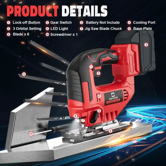 Alt view image 2 of 7 - Jigsaw Compatible With Milwaukee 18V Battery, Cordless jig saw tool With LED Light, 0°- 45° Bevel Cuts, 3 Position Orbital Setting for Straight/Curve/Bevel/Circle Cutting (NO Battery)