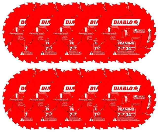 Main image of Framing Saw Blade for Wood - 7-1/4" x 24-Tooth, Thin Kerf, Anti-Vibration, Long Life for Framing & Pressure-Treated Wood, Tracking Point Tooth Design - Pack of 10 - D0724A