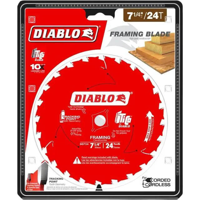 Alt view image 3 of 4 - Framing Saw Blade for Wood - 7-1/4" x 24-Tooth, Thin Kerf, Anti-Vibration, Long Life for Framing & Pressure-Treated Wood, Tracking Point Tooth Design - Pack of 10 - D0724A