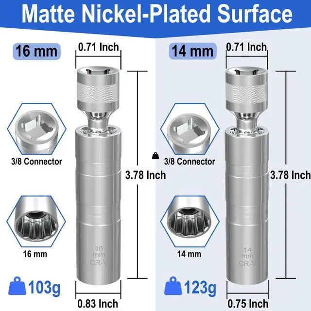 Alt view image 2 of 7 - 14mm&16mm Spark Plug Socket Set, Thin Wall 3/8" Drive Spark Plug Sockets Removal Tool, 12 Point, Magnetic Swivel Spark Plugs Socket for Most Car Models