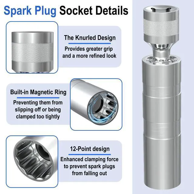 Alt view image 6 of 7 - 14mm&16mm Spark Plug Socket Set, Thin Wall 3/8" Drive Spark Plug Sockets Removal Tool, 12 Point, Magnetic Swivel Spark Plugs Socket for Most Car Models