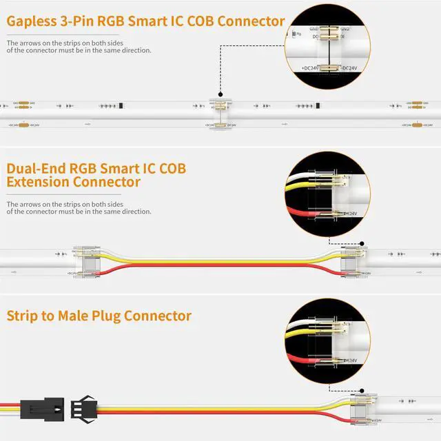 Alt view image 2 of 7 - 12mm 3-Pin Connectors for RGB Smart IC COB LED Strip Lights,Solderless Terminal Connection Kit,Dual-End Extension,Strip to Male Plug,Gapless,Strip to Wire Connectors,24V 12V 5V LED Light Strips