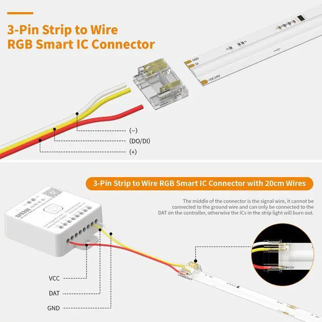 Alt view image 3 of 7 - 12mm 3-Pin Connectors for RGB Smart IC COB LED Strip Lights,Solderless Terminal Connection Kit,Dual-End Extension,Strip to Male Plug,Gapless,Strip to Wire Connectors,24V 12V 5V LED Light Strips