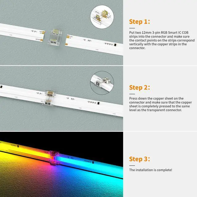Alt view image 4 of 7 - 12mm 3-Pin Connectors for RGB Smart IC COB LED Strip Lights,Solderless Terminal Connection Kit,Dual-End Extension,Strip to Male Plug,Gapless,Strip to Wire Connectors,24V 12V 5V LED Light Strips